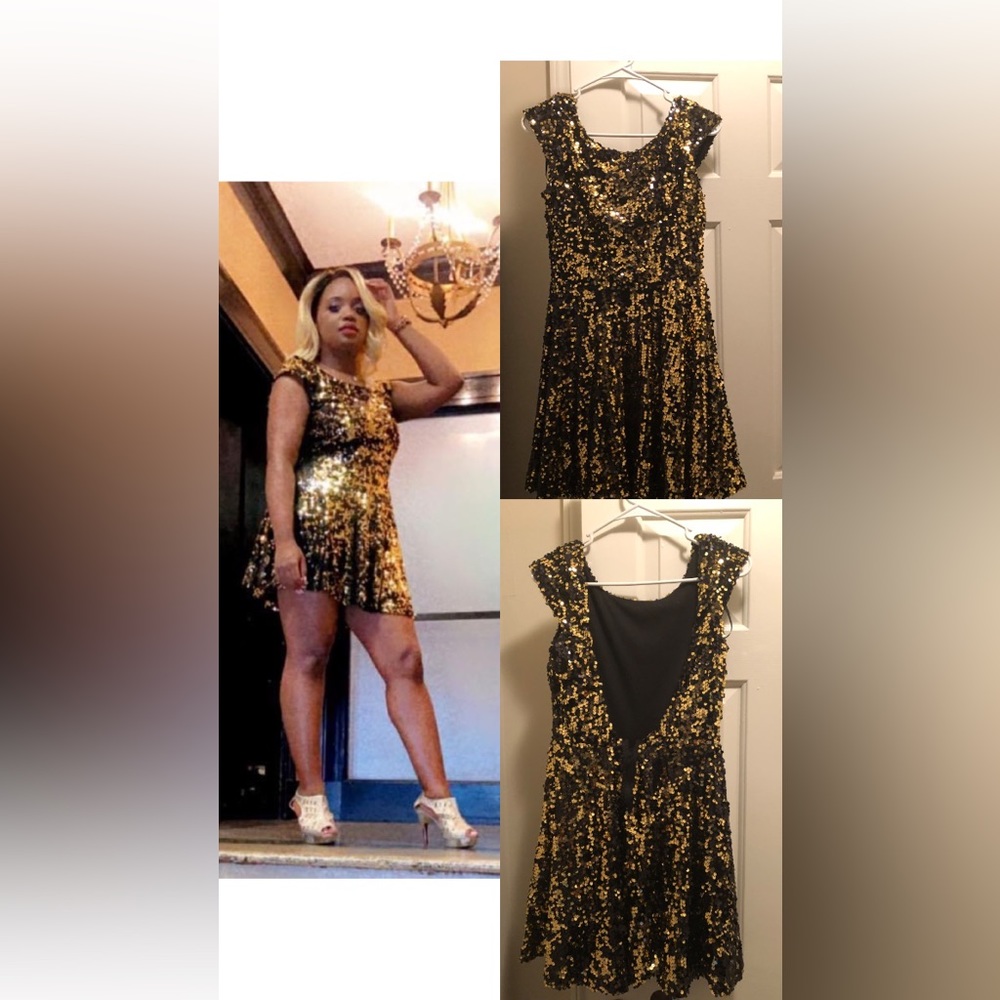 Black and gold sequin baby doll dress